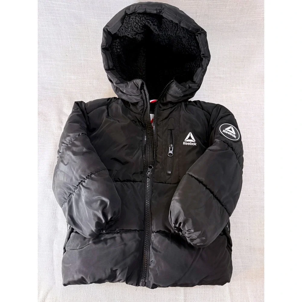 Kids Black Reebok Puffer Jacket Hooded Sherpa‎ Lined Winter Warm Coat